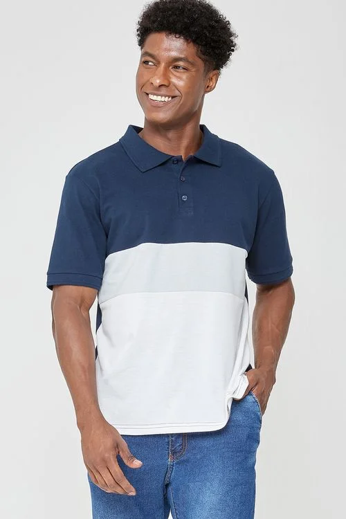 Polo Masculina Caedu Recorte Marinho/Azul Piquet