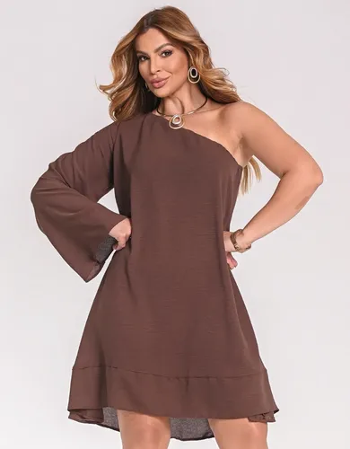 Vestido Feminino Assimétrico Ombro Único Casual Chic Marrom Gg 44-46