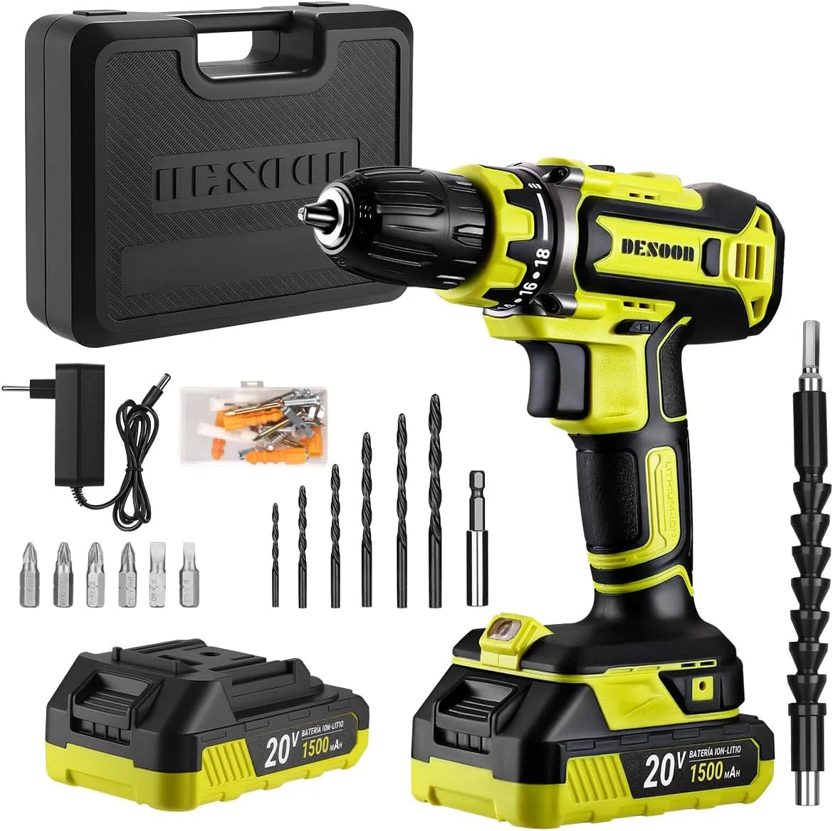 DESOON Parafusadeira Furadeira De Impacto Sem Fio 20v Profissional 2 Baterias 42N.m e Pinça de 3/8” Com LED,Maleta,broca, Eixo Flexível