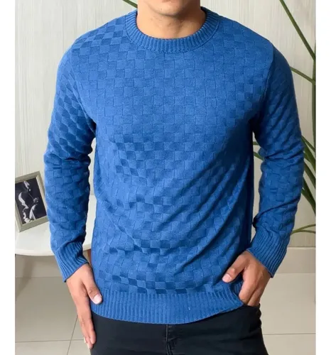 Suéter Masculino Lã Tricot Manga Longa Xadrez Blusa De Frio