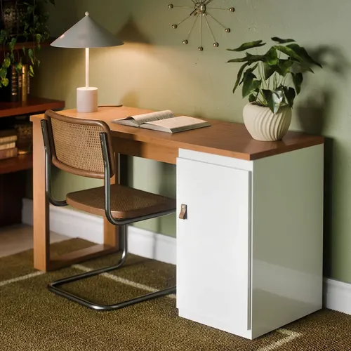 Mesa Escrivaninha Home Office Paris Para Pc Computador Com 1 Porta E Puxador De Couro Para Escritório E Estudos Cor Branco Nature Canela/branco