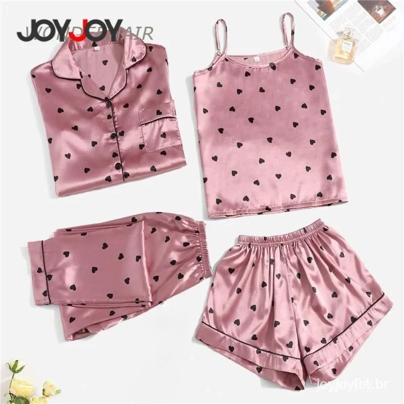 Conjunto de Pijamas de Seda 4 Peças Feminino Sexy – Camisa, Regata, Shorts e Calça Longa