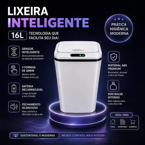 Lixeira Automática Sensor Inteligente Recarregável Usb Para Escritório E Casa Branco
