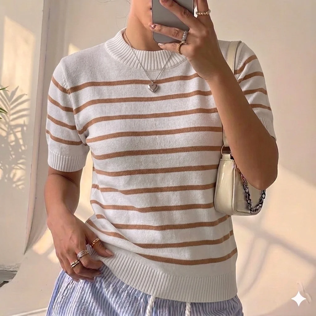 Camisa Listrada Manguinha Tricot Modal Premium Blusa Feminina Estilosa