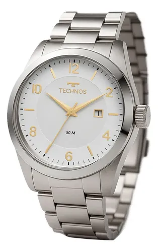 Relógio Technos Masculino Steel Prata Quartz Aço Inox Com Calendário Prateado Branco