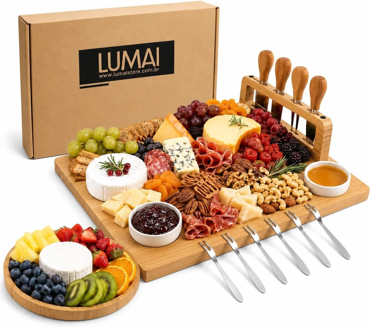 LUMAI Kit Tábua de Frios Bambu Premium e Petisqueira com Polimento Duplo | Suporte Magnético - Tábua para Servir 40cm x 29,5cm - Qualidade para Receber em Casa Familia e Amigos