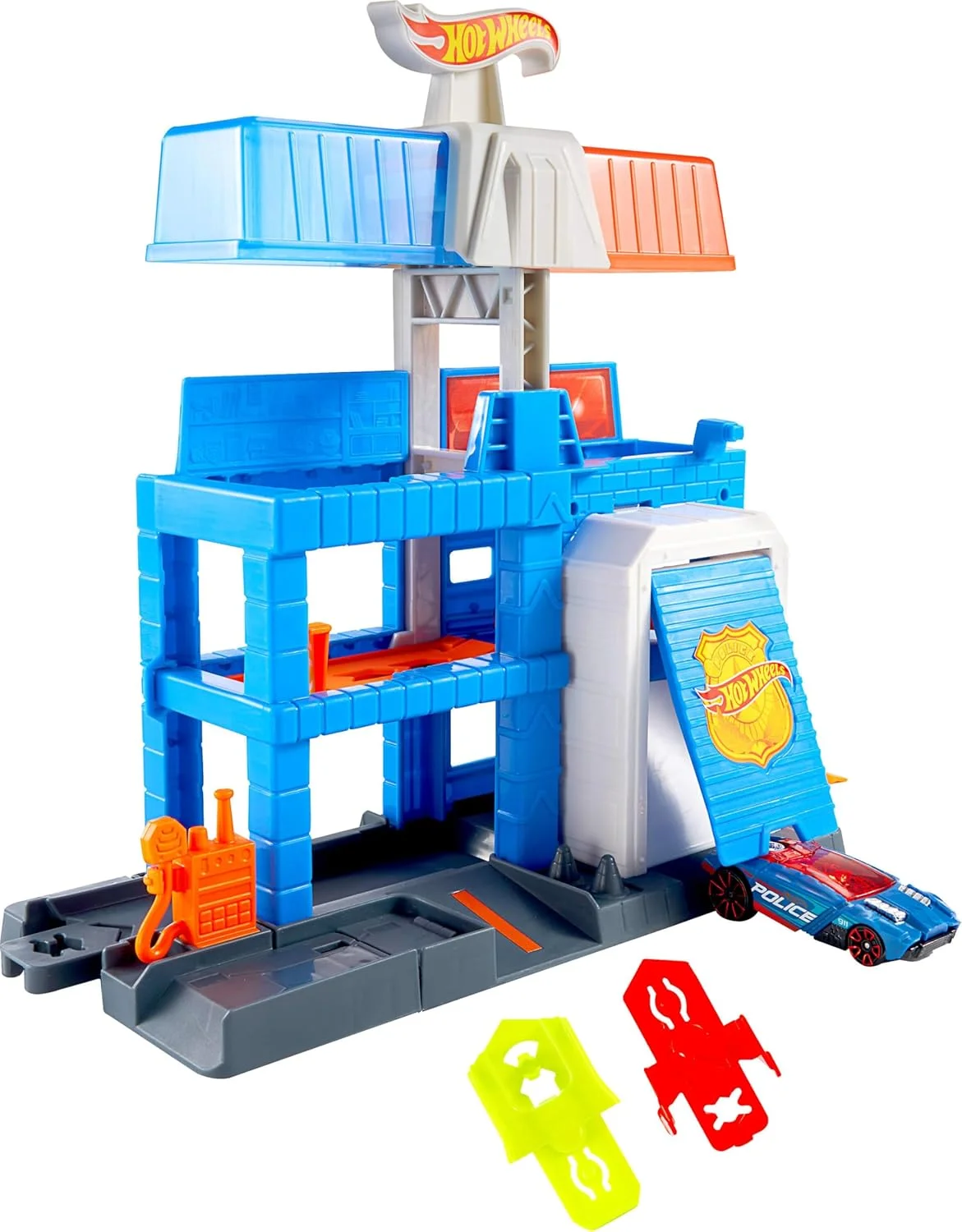 Kit Pista Hot Wheels City Torre de Polícia Mattel. Pista temática com prisão de vilões, rampas e lançador. Aventuras urbanas para crianças a partir de 4 anos.