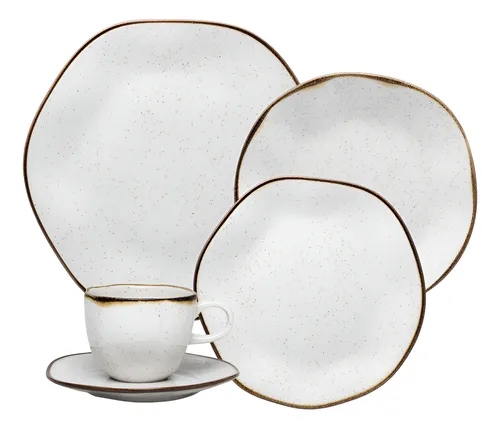 Aparelho De Jantar 30 Peças Ryo Maresia Oxford Porcelana Off White E Marrom Marrom E Branco Liso