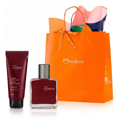 Kit Presente Natura Homem Sagaz: Deo Parfum Miniatura 25ml + Shampoo Cabelo, Barba E Corpo 100ml + Sacola Presente P