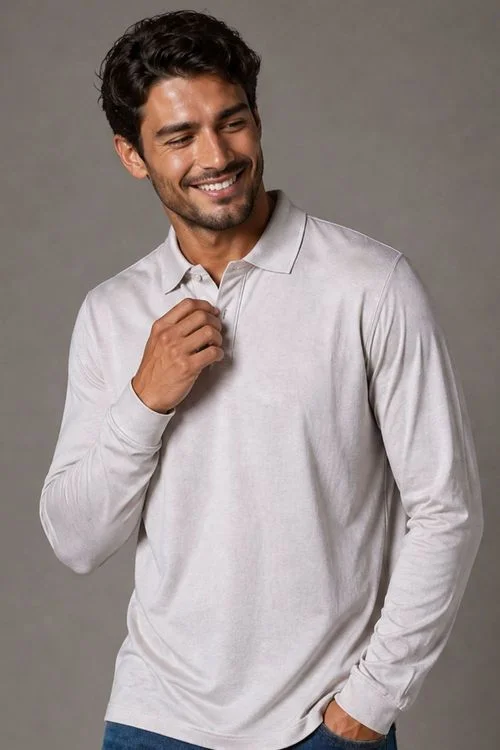 Polo Texturizada Masculina Manga Longa Polo Wear Bege Claro