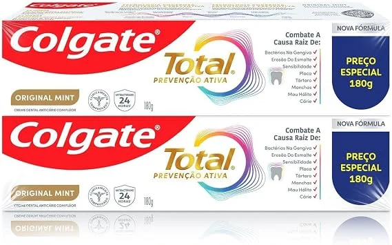 Colgate Creme Dental Total Original Mint 2x180g | Prevenção Ativa, Anticárie com Flúor, Combate o Mau Hálito