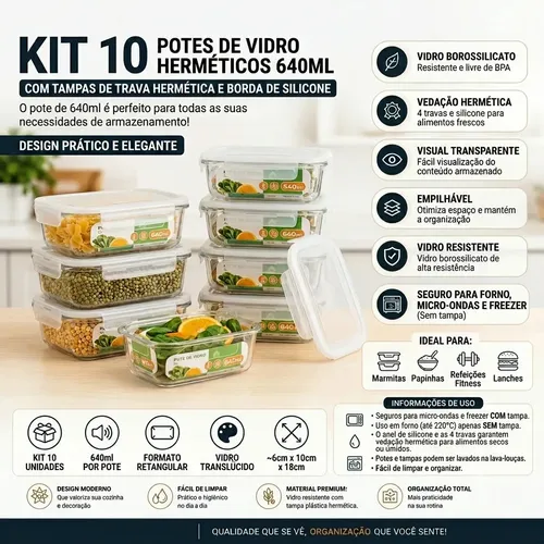 Kit 10 Potes Herméticos De Vidro 640ml Haushop Tampa Vedação Firme Para Geladeira E Despensa Organização Da Cozinha Transparente