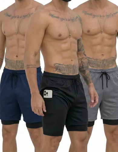 Kit 3 Shorts 2 Em 1 Duplo Bolso Para Academia Treino Corrida Preto/azul/cinza Gg
