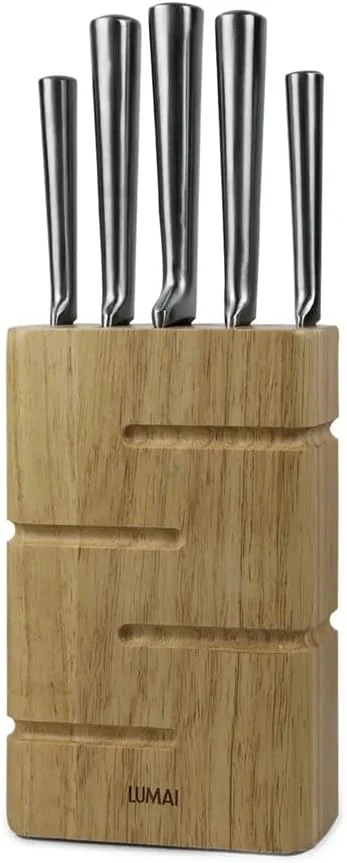 LUMAI Kit 5 Facas Inox com Cepo de Madeira, Chef, Santoku e Pão