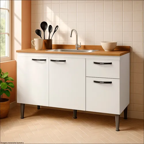 Gabinete De Pia 1,20 Balcão De Cozinha Multiuso 3 Portas Armário De Pia Armário De Cozinha 120x80x52cm Organizador Para Pia Cor Branco Ideal Para Cozinha Compacta E Área De Serviço Porta Panela Branco