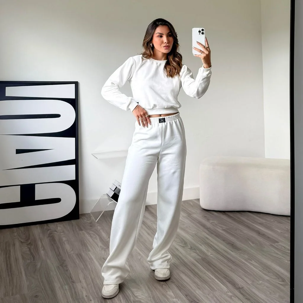 Conjunto Moletom Feminino Blusa manga longa Flanelado liso  cropped+ calça pantalona conjunto feminino de frio