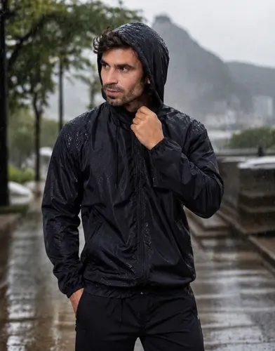 Jaqueta Corta Vento Masculina Impermeável Capuz Zíper Bolso Preto M Lisa