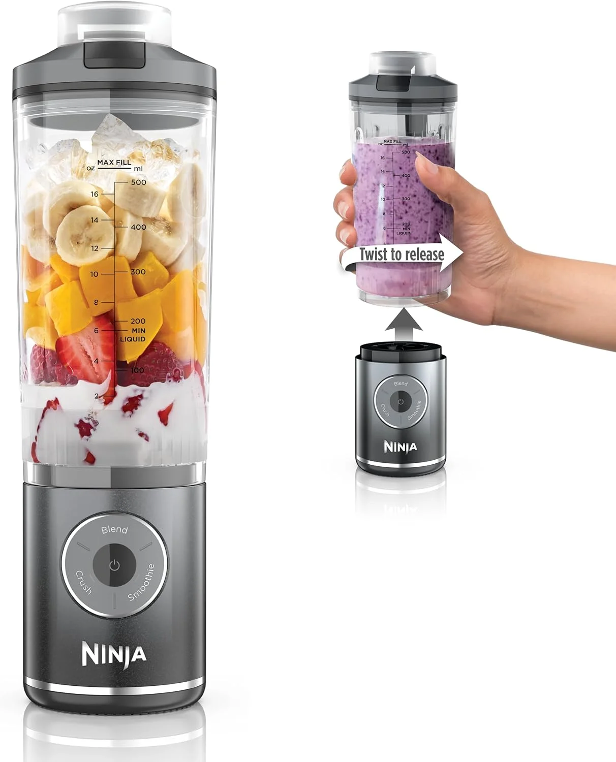 Ninja Blast Max, liquidificador portátil e pessoal + Twist & Go, Smoothie, Blend, Ice Crush, 3 programas, sem fio, recipiente removível de 650 ml, lavável na lava-louças, à prova de vazamento, cinza