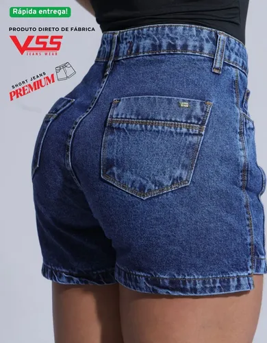 Shorts Jeans Feminino Cintura Alta Soltinho 100% Algodão Azul-escuro 40