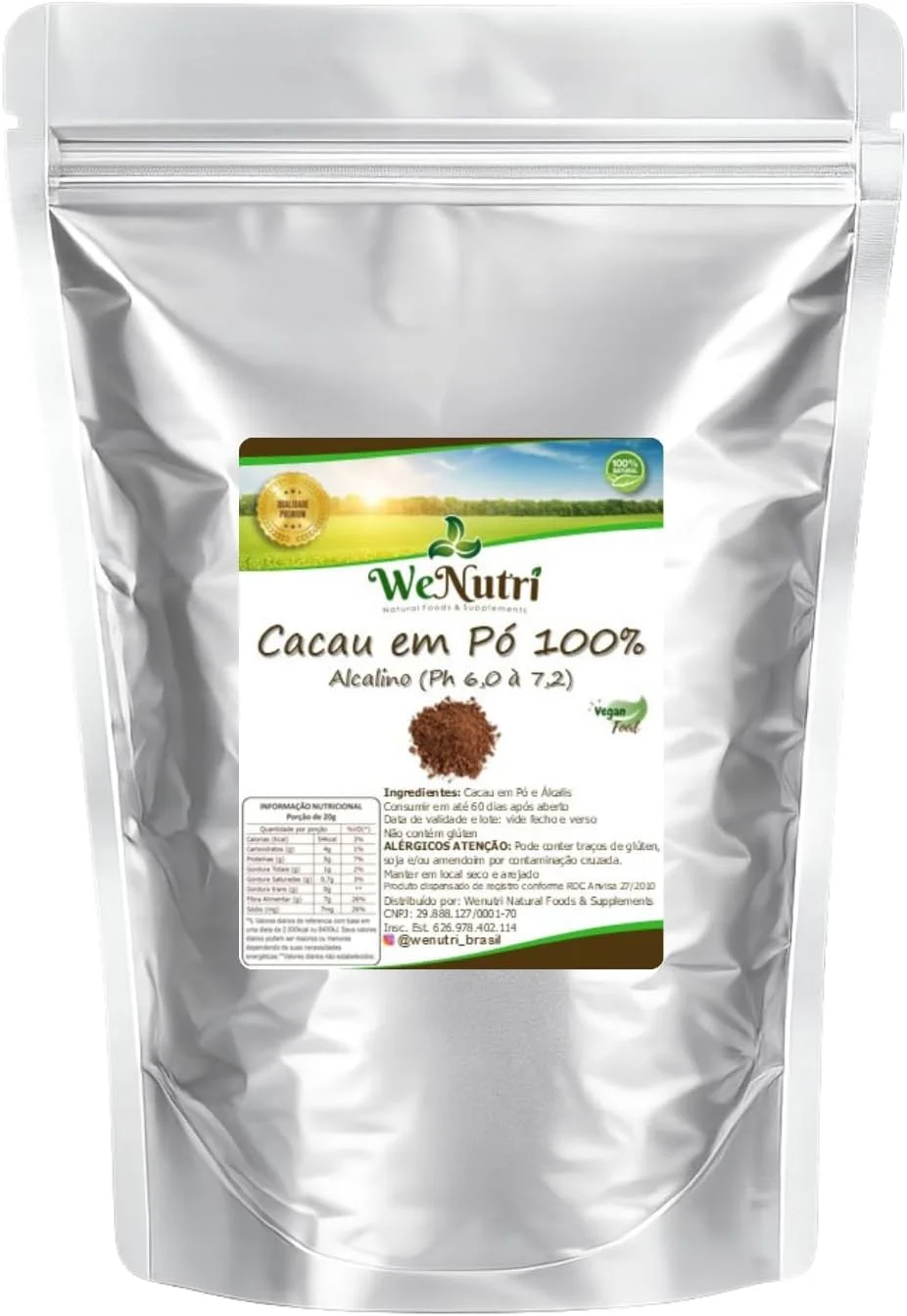 Cacau Alcalino em Pó 100% (ph 7,6) 500g Wenutri | pH 7,6