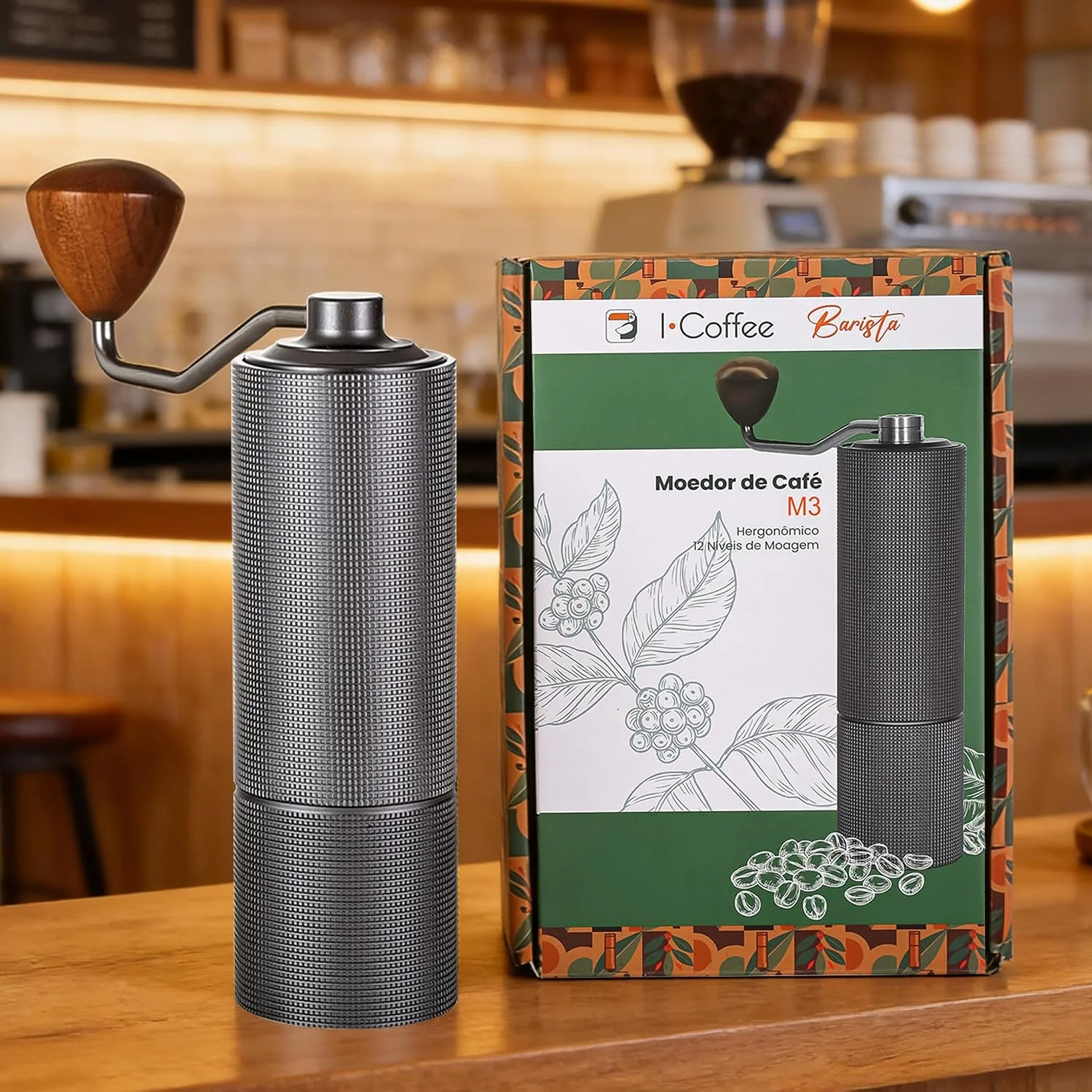 iCoffee Moedor Manual de Café Ajustável com Pincel M3PRO profissional (Cinza chumbo 20 g)