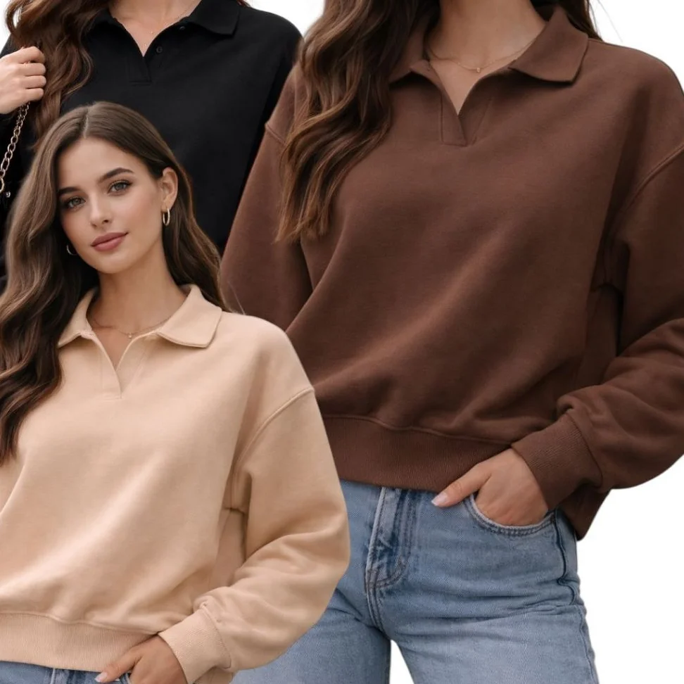 Moletom Feminino Oversized Gola Polo Premium Casual Chic Confortável Manga Longa Moda Inverno