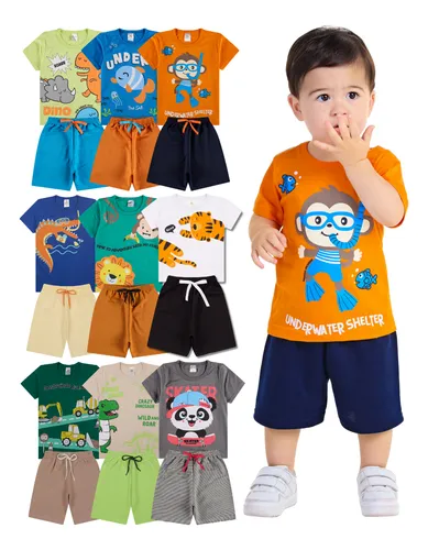 Kit 6 Peças De Roupas De Bebê Menino Algodão Verão Fofos Kit 3 Conjuntos Sortidos 1 - Veste 6 A 12 Meses