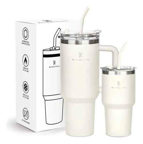 Kit Copo Térmico 1.2l+600ml Garrafa Inox Com Tampa E Canudo Branco Cor Pura / Material Fosco