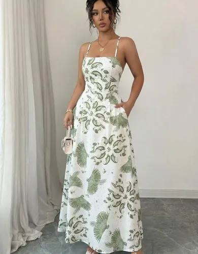 Vestido Feminino Longo Alça Fina Estampado Detalhe Bolsos Branco/verde Único