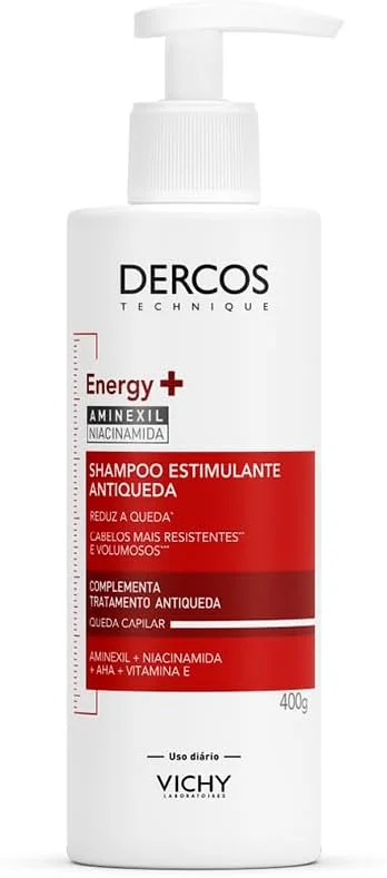 Vichy Dercos Energy+ Shampoo Antiqueda Estimulante com Aminexil 1.5%, Niacinamida e Vitamina E, +47% Fios Fortalecidos e +19% de Densidade Capilar, 400g
