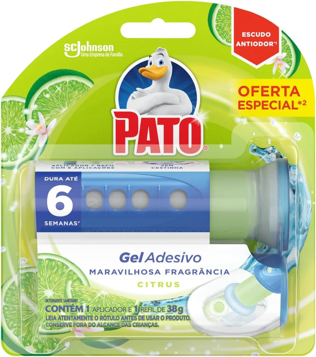 Pato Desodorizador Sanitário Gel Adesivo Citrus, Limpeza Banheiro, Limpo e Perfumado, Com Aplicador, 6 Discos