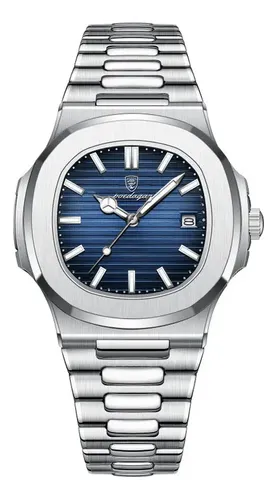 Relógio Masculino Poedagar 613 De Luxo Com Fundo Azul E Correia Prateada Prateado