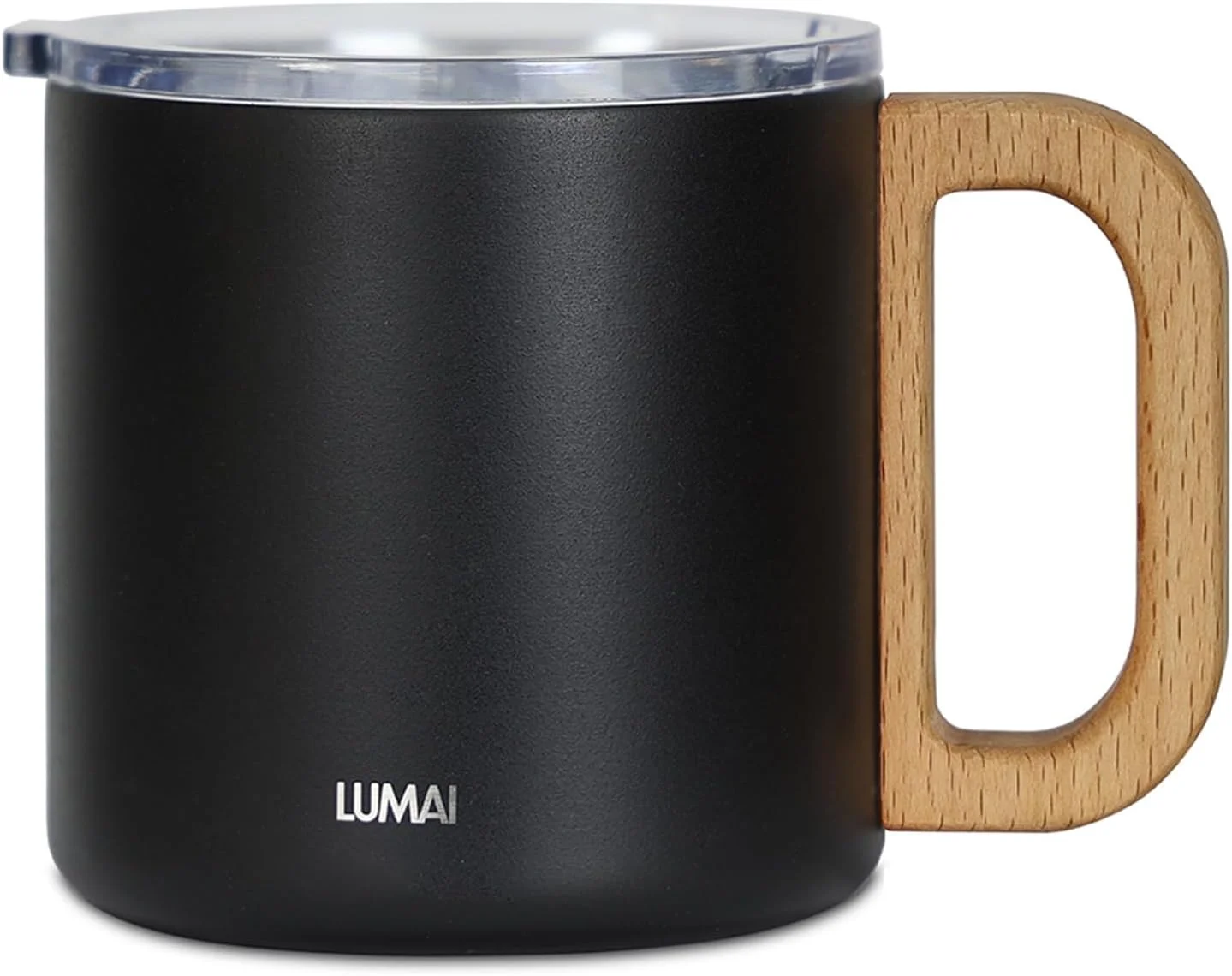LUMAI Caneca Térmica 350ml, Inox 304 com Tampa e Alça de Madeira - Preta