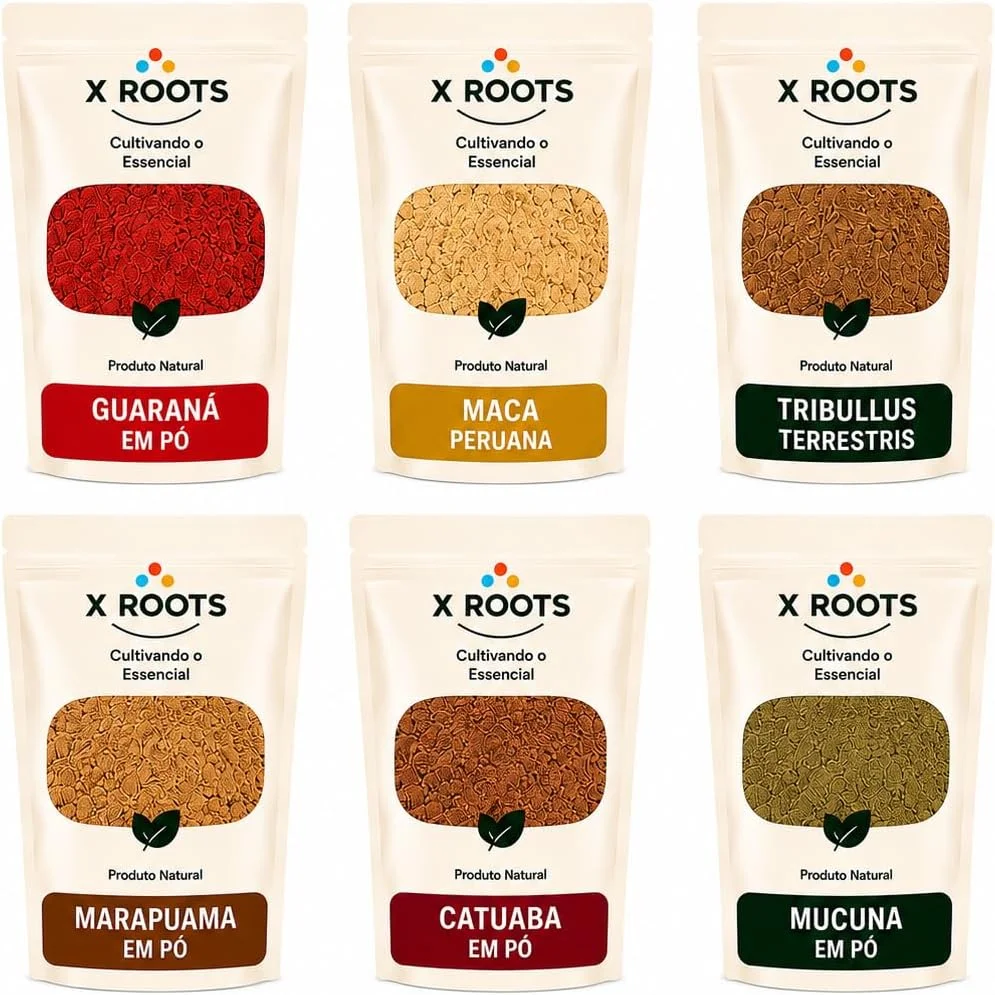 Kit Energia & Performance Natural X Roots – Guaraná, Maca Peruana, Marapuama, Catuaba e Mucuna em Pó – Mix Premium de Ingredientes Naturais