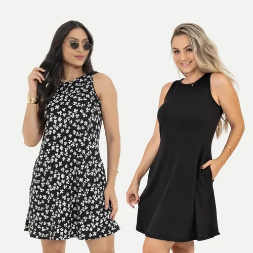 Vestido Soltinho Bolso Ribana Canelada Confortável Kit 2 Preto Flor/preto Liso Gg