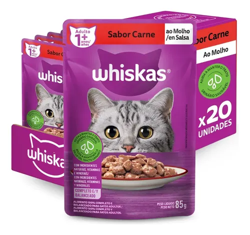 Ração Úmida Whiskas Sachê Gato Adulto Carne Ao Molho 85g 20 Unidades