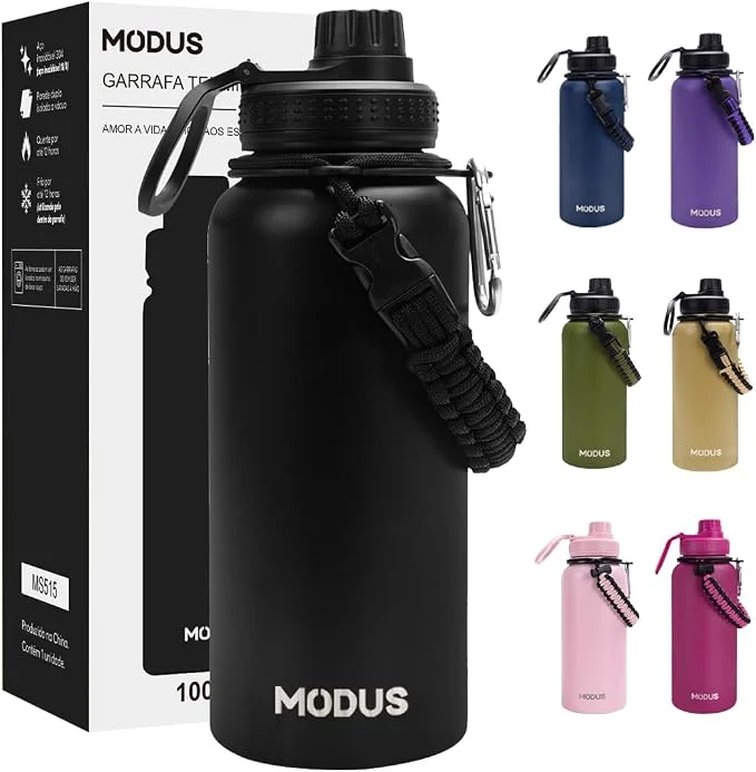 950mL Garrafa Térmica Aço Inoxidável Com Alça Paracord (Preto)