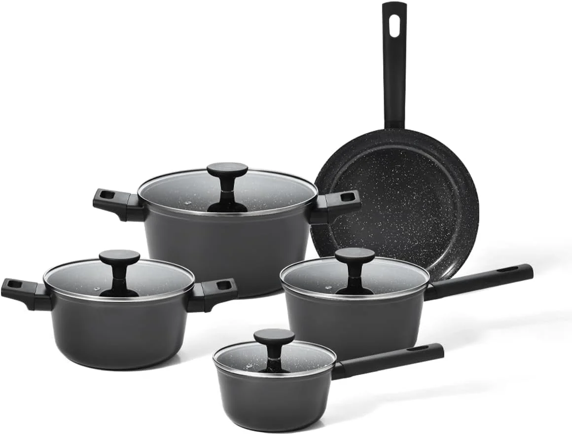 Oikos - Jogo com 5 Panelas Antiaderentes de Revestimento Cerâmico para Fogão por Indução, a Gás, Elétrico e Vitrocerâmico Cor Preta Mou Chia