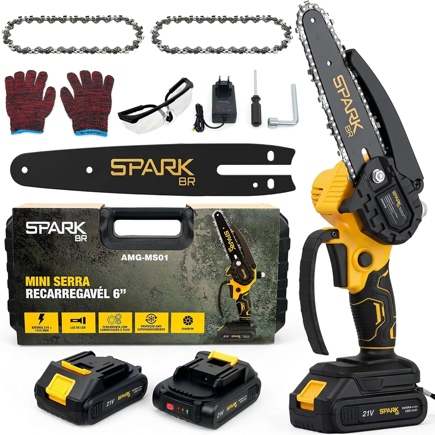 Mini Motosserra Elétrica SparkBR 6" Recarregável 21V 2 Baterias Maleta Corrente Extra Lubrificação LEDIndicador Trava Segurança Acessórios
