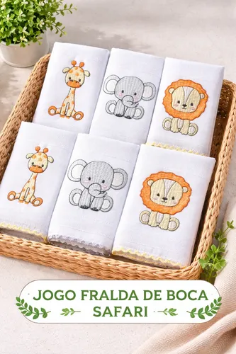 Kit 6 Fraldas De Boca 30x30cm Bordada Bebê 100% Algodão Amarelo Safari