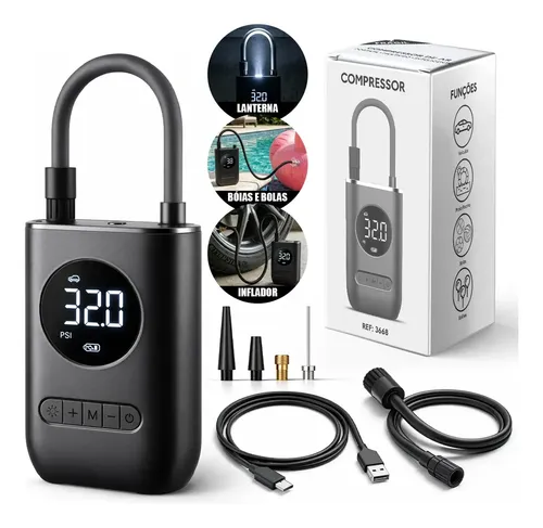 Compressor De Ar Digital Mini Portátil Recarregável Usb-c Para Pneus De Bicicleta Moto Carro Bolas Infláveis Preto 127/220v 60 Hz Monofásica