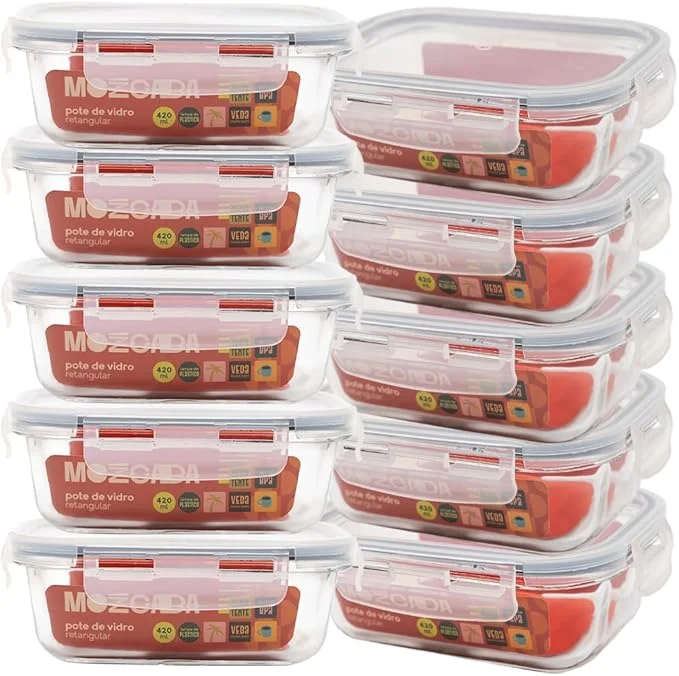 Mozcada - Kit 10 Potes de Vidro Marmita 330ml Hermético com Trava Retangular
