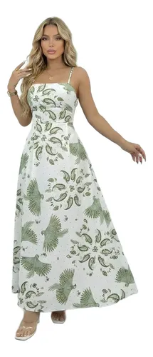 Vestido Feminino Longo Alça Fina Estampado Detalhe Bolsos Branco/verde Único