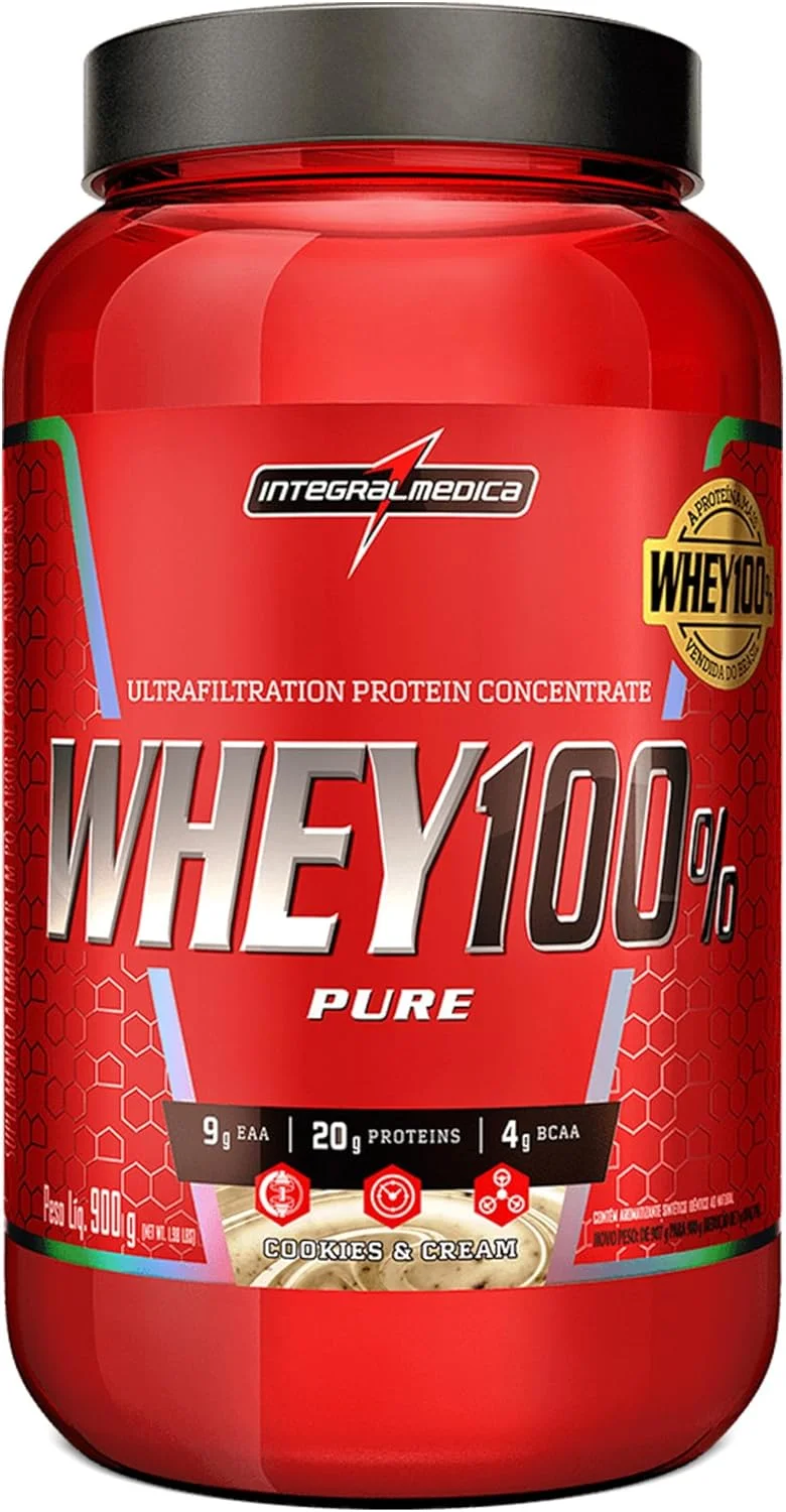 Integralmédica - Whey Protein Concentrado Cookies and Cream 100% Pure - 21g de Proteína por Scoop, Suplementação Alimentar Pós-Treino, Fórmula Enriquecida com BCAAs - Pote 900g | Suplementação Alimentar Pós-Treino, Fórmula Enriquecida com BCAAs