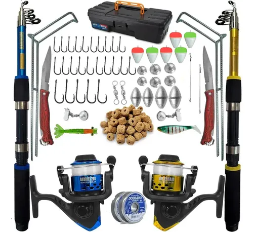 Kit Vara De Pesca Telescópica Summer 1,70m Fibra Vidro 2 Molinetes Preto