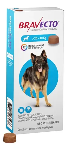 Bravecto Cães 20-40kg 1000mg 1 Comp. Mastigável Msd Azul Azul-claro