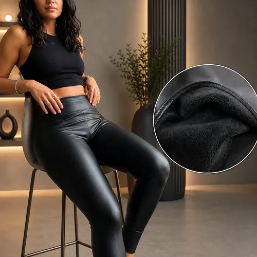 Calça Cirrê Feminina Peluciada Inverno Couro Fake Térmica Preto Lisa 38-40