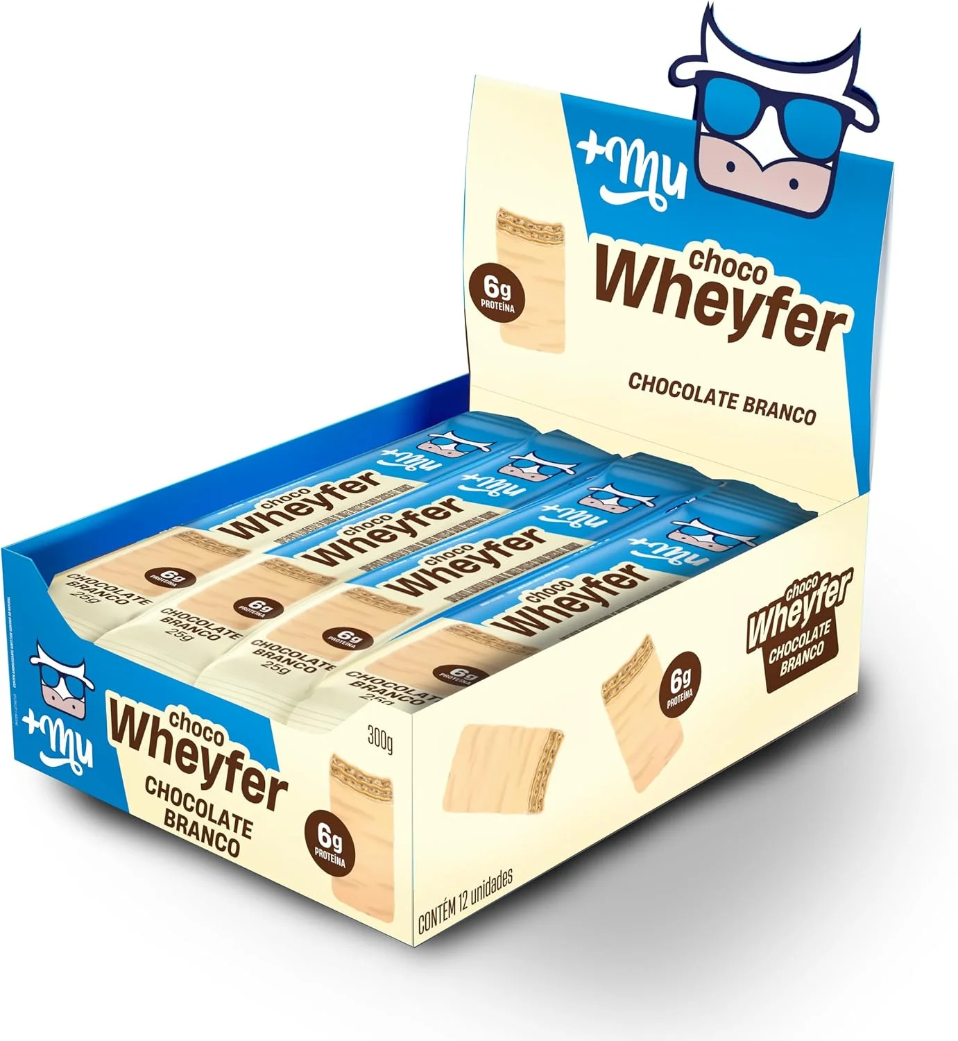 Chocowheyfer, Mais Mu, Wafer Proteico Sabor Chocolate Branco, 6g de Proteína, Zero Açúcar, Display com 12 Unidades