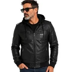 Jaqueta Masculina PU Com Capuz Removível Forrada