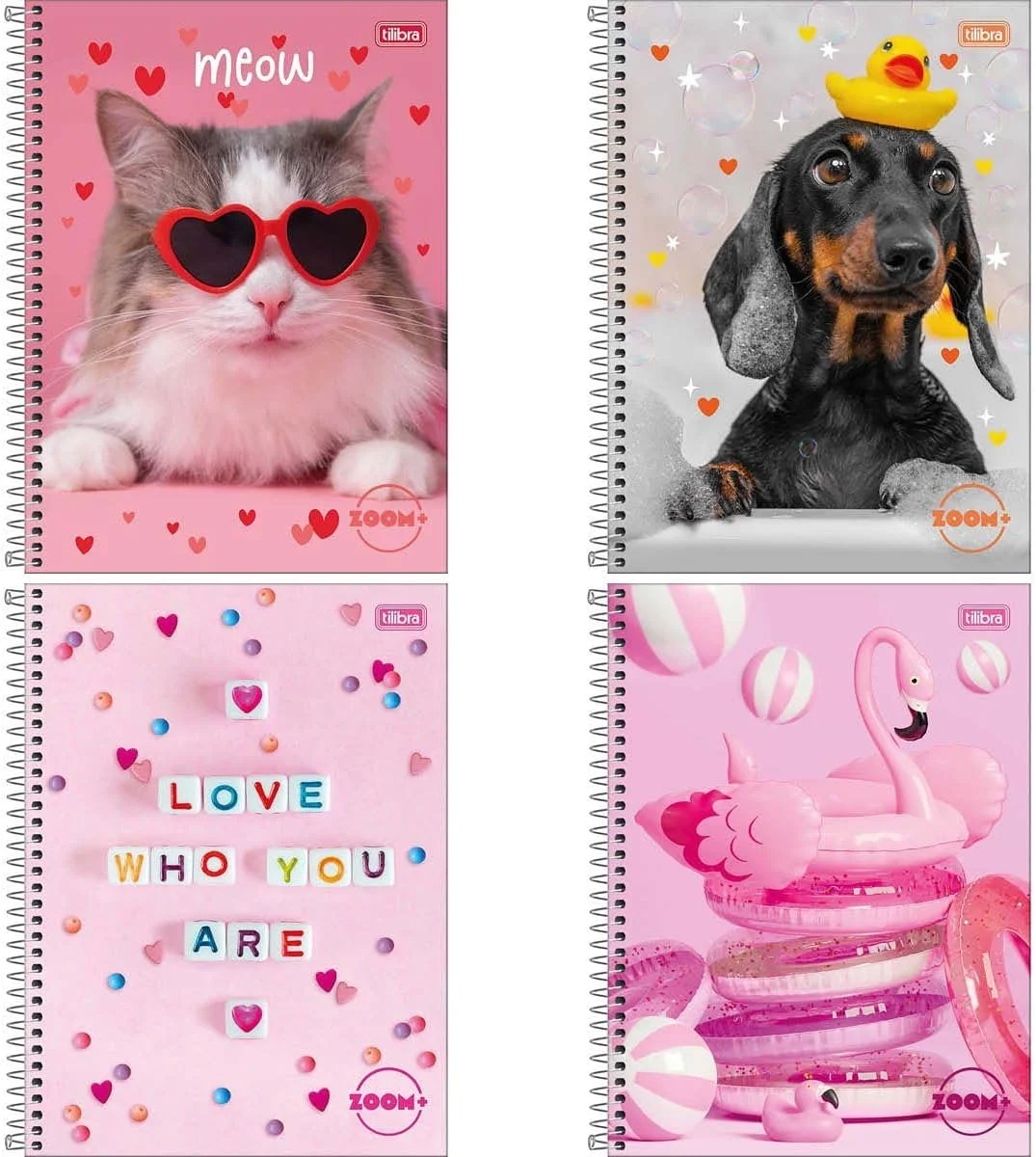 Kit com 4 Cadernos de 10 Matéria, Tilibra, Capa Dura, Zoom+ Feminino, 200 Folhas, Capas Sortidas